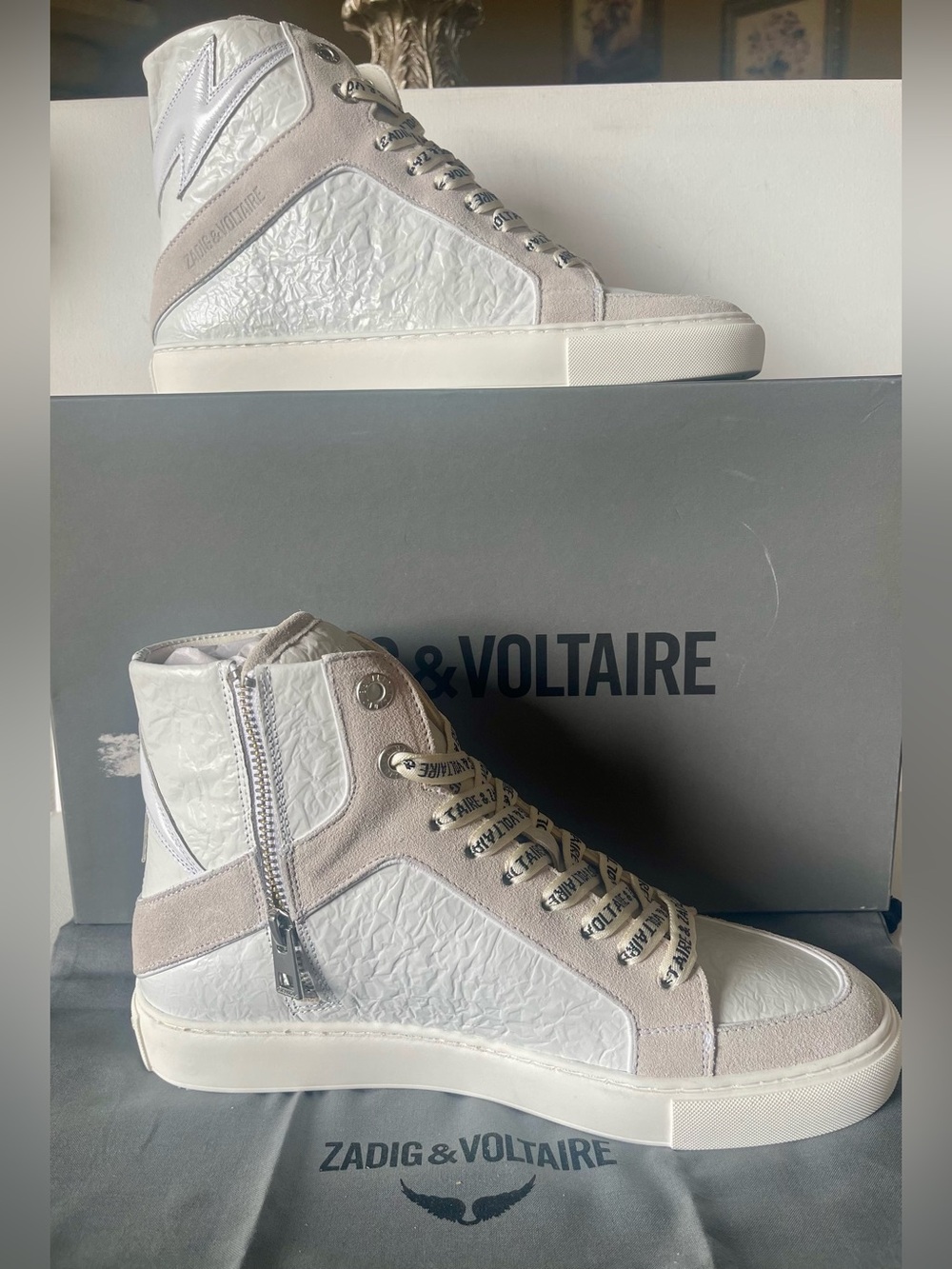 NIB ZADIG & VOLTAIRE HIGH FLASH HIGHTOP CRINKLED WHITE LEATHER SNEAKERS EU39 SZ8